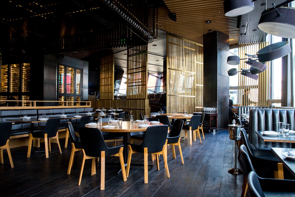 An upscale restaurant dining room set for service
